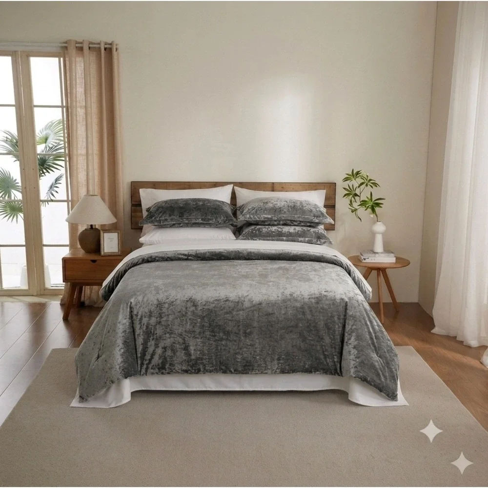 Luxury Velvet Comforter Set 9 pcs Cool Grey & Egyptian Cotton Sheet Set King